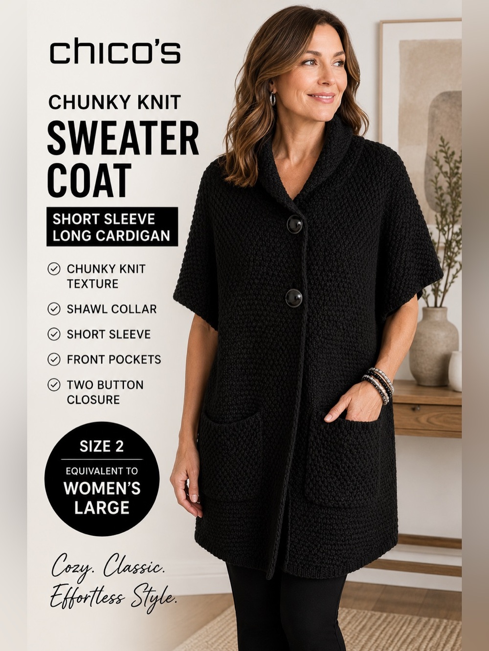 Chico's Size 2 Large Black Chunky Knit Short Sleeve Long Cardigan Sweater Coat